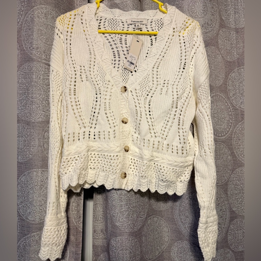 Francesca's Collections Cream Open-Knit Scalloped Button Cardigan